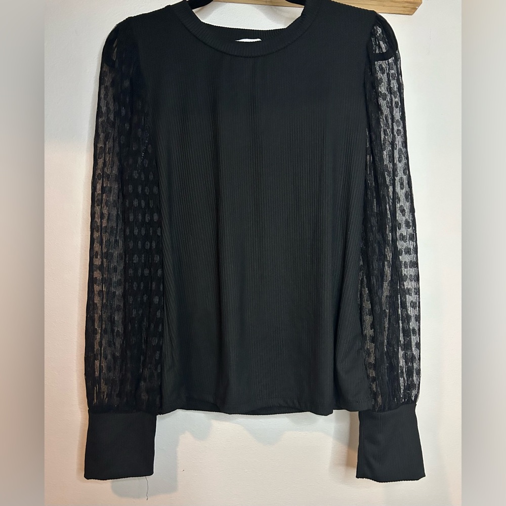 Lush Black Sheer Puff Sleeve Ribbed Top